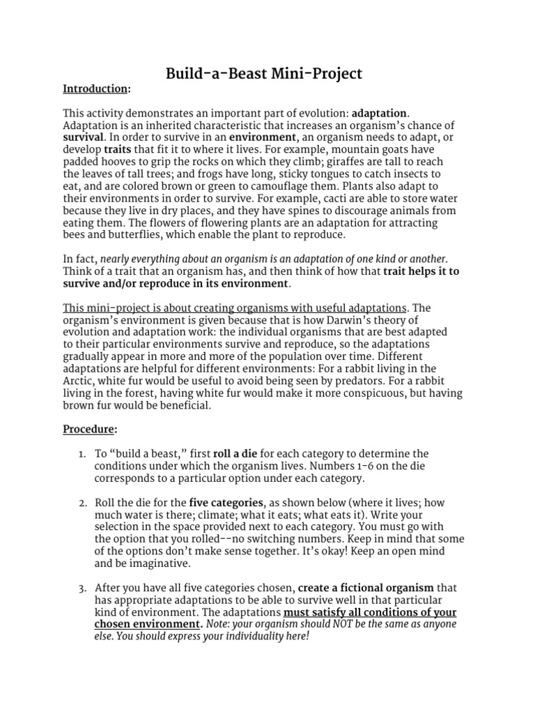 Build-a-Beast Evolution Project Guide | PDF | Adaptation | Evolution
