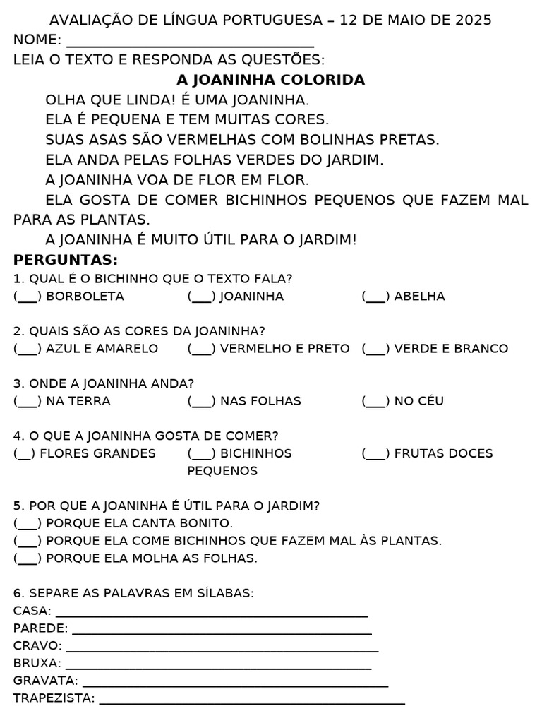 Avaliação de Língua Portuguesa 2025 | PDF