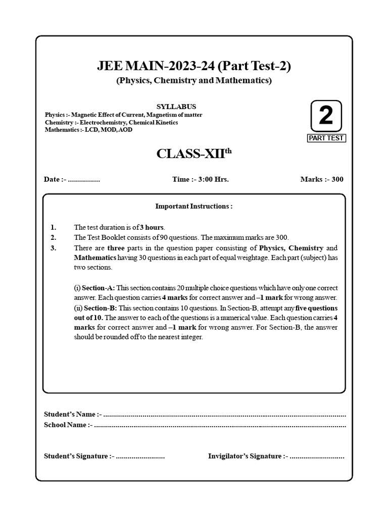 JEE Main 2023-24 Part Test 2 Syllabus | PDF | Magnetic Field | Magnetism
