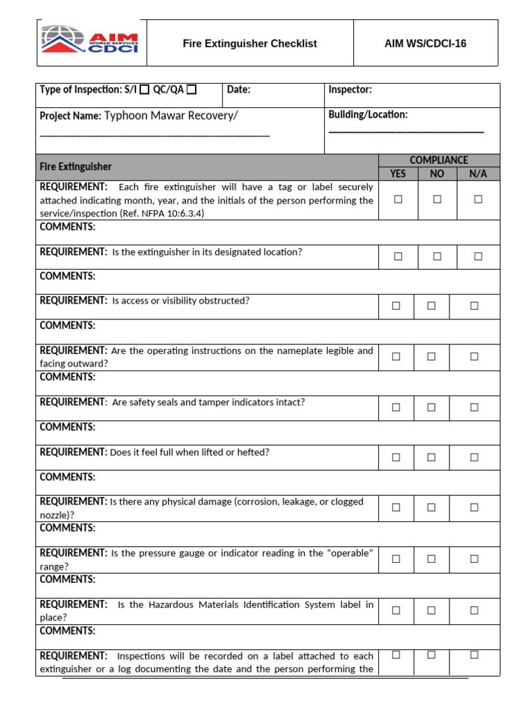 Fire Extinguisher Inspection Checklist | PDF | Safety