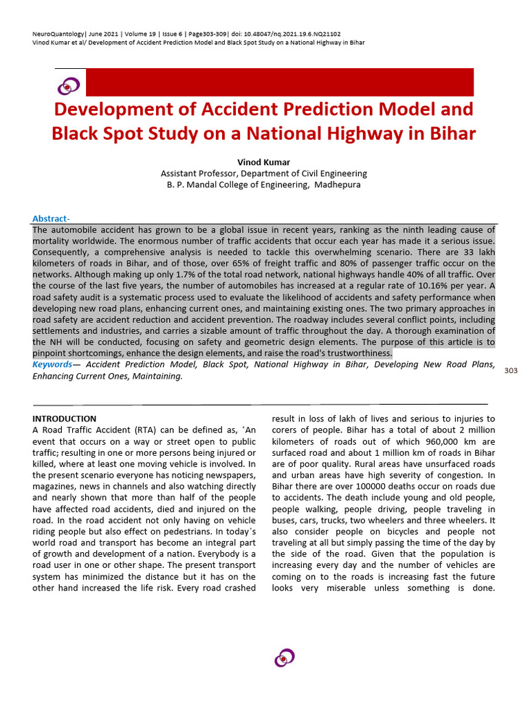 Accident Prediction Model for Bihar Highways | PDF | Traffic Collision ...
