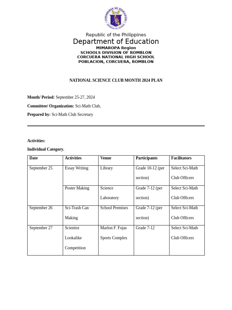 National Science Club Month 2024 Plan | PDF | Philippines