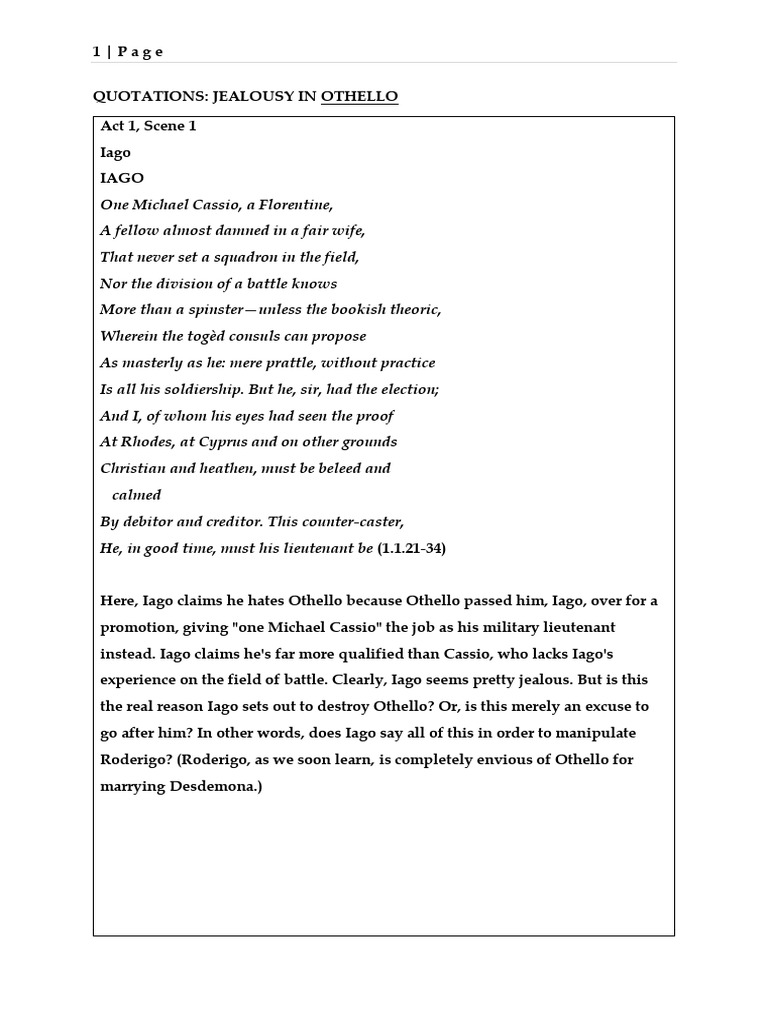 Jealousy Themes in Othello Quotes | PDF | Iago | Othello