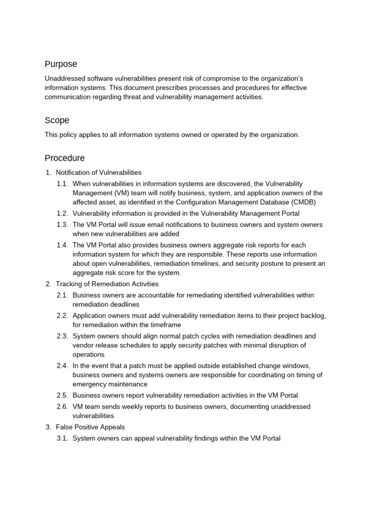 Vulnerability Management Procedures | PDF | Risk | Computing