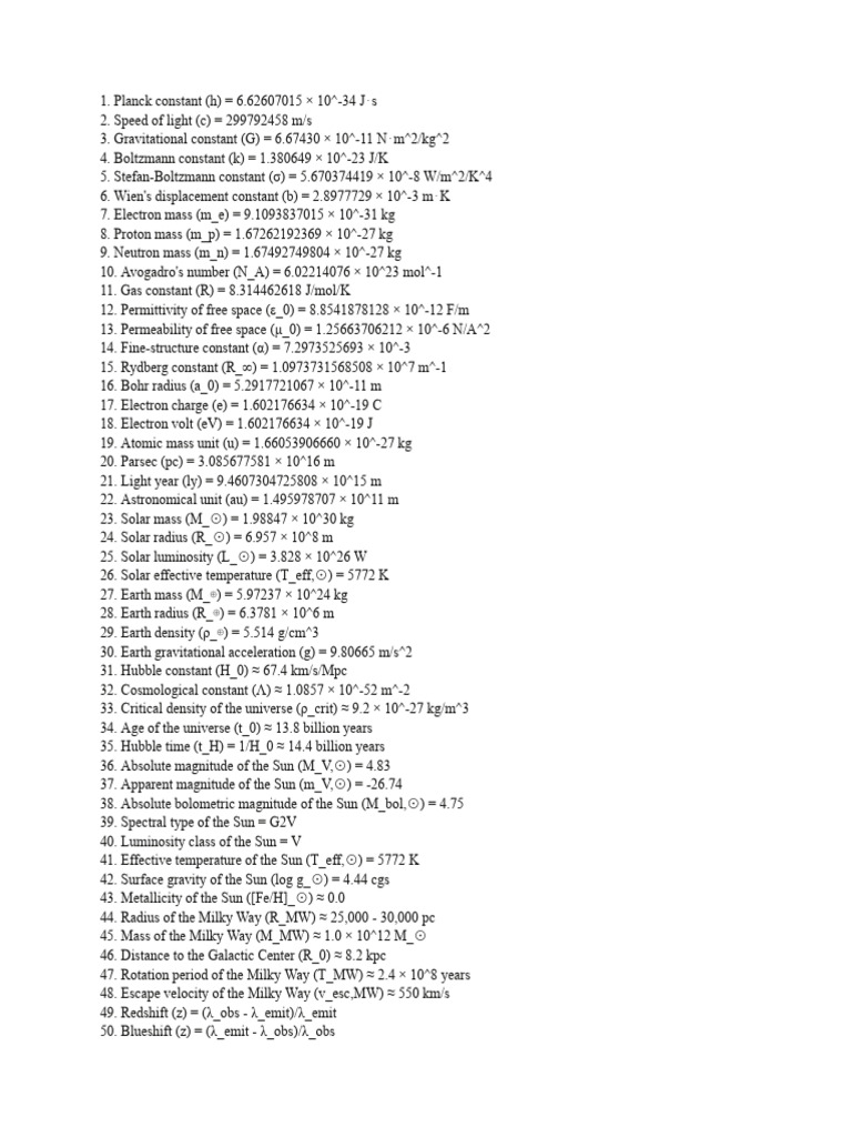 Astronomy - Science Olympiad - Formulae & Units | PDF | Stars | Sun
