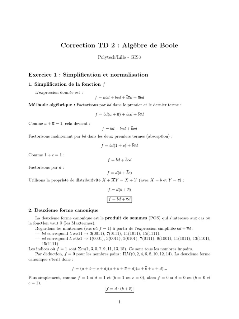 Correction TD 2 : Algèbre de Boole | PDF | Décimal codé binaire ...
