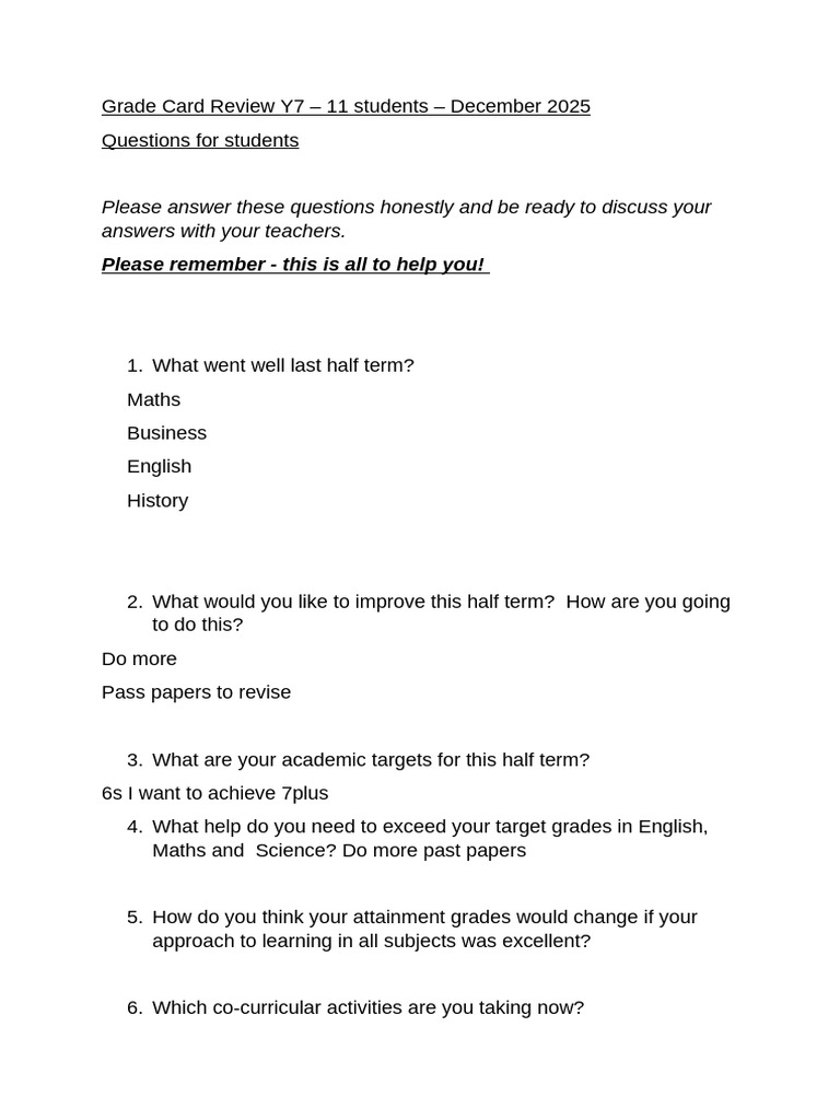 Grade Card Review Questions for Students | PDF