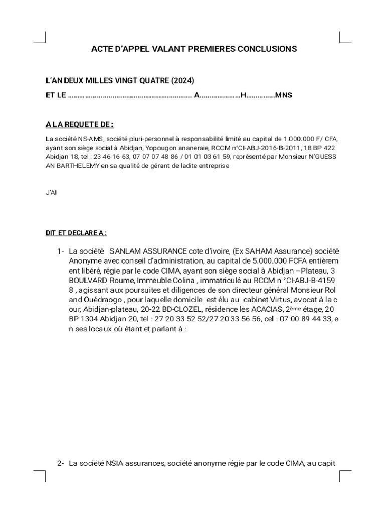 Acte D Appel - Valant Prémières Conclusions... | PDF