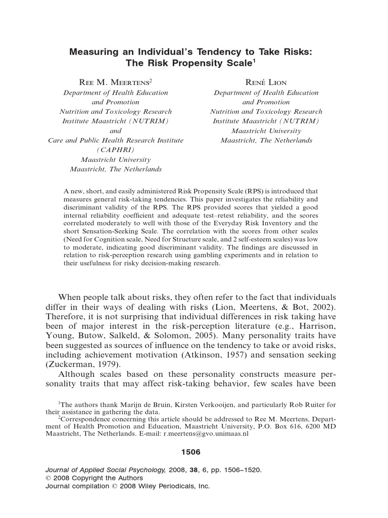 Risk Propensity Scale: Measuring Risk-Taking | PDF | Self Esteem | Risk