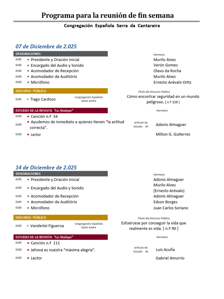 Programa de Reuniones de Fin de Semana | PDF