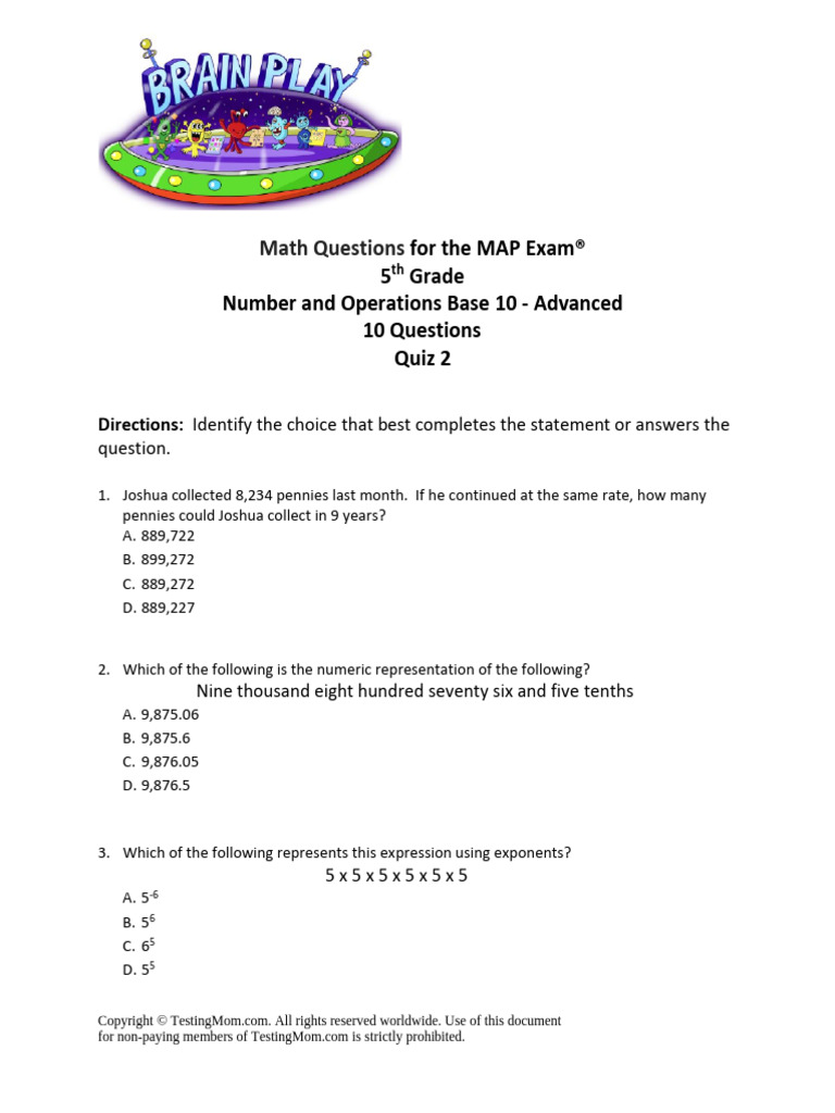 MAP 5th Grade - Math - Numbers and Operations - Advanced Quiz 2 | PDF ...
