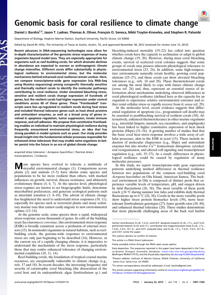 Barshis 2013 | PDF | Coral | Gene Expression