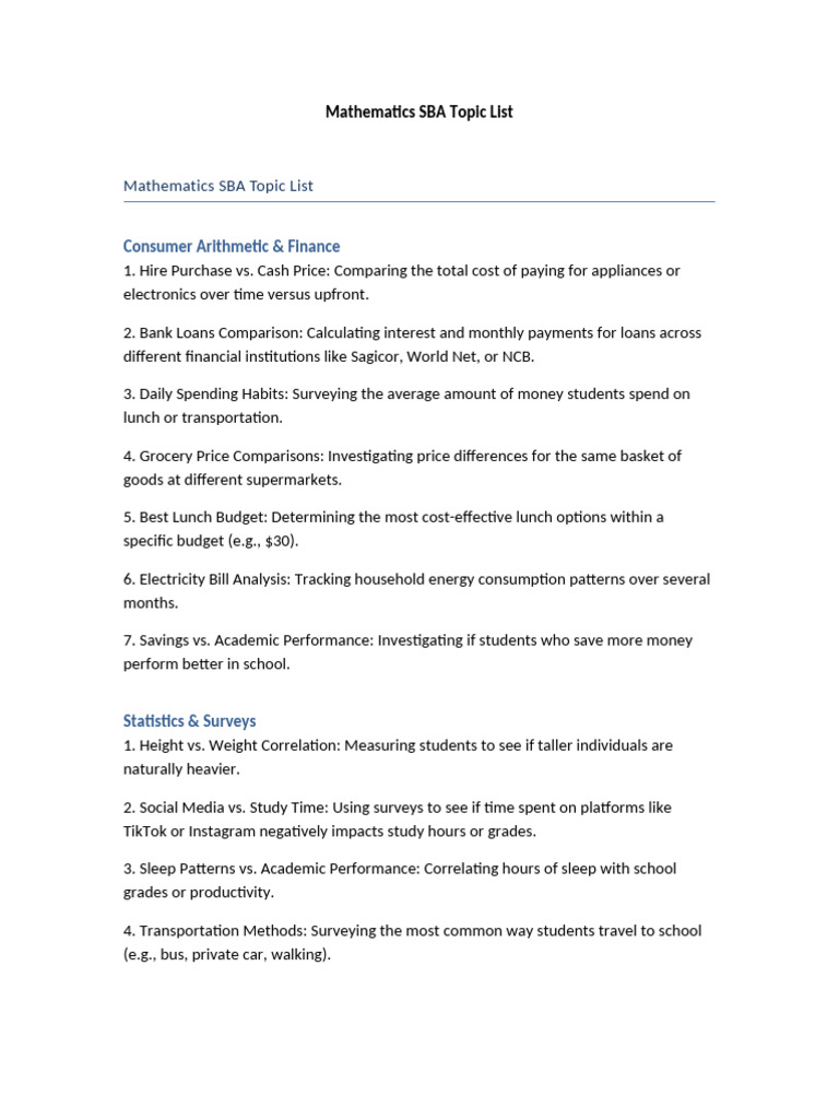 Mathematics SBA Topics | PDF | Volume | Average