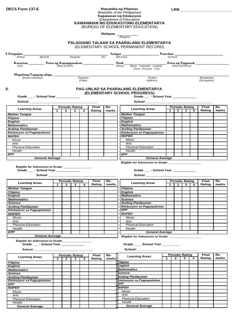 Elementary School Permanent Record Form | PDF | Asia | Philippines
