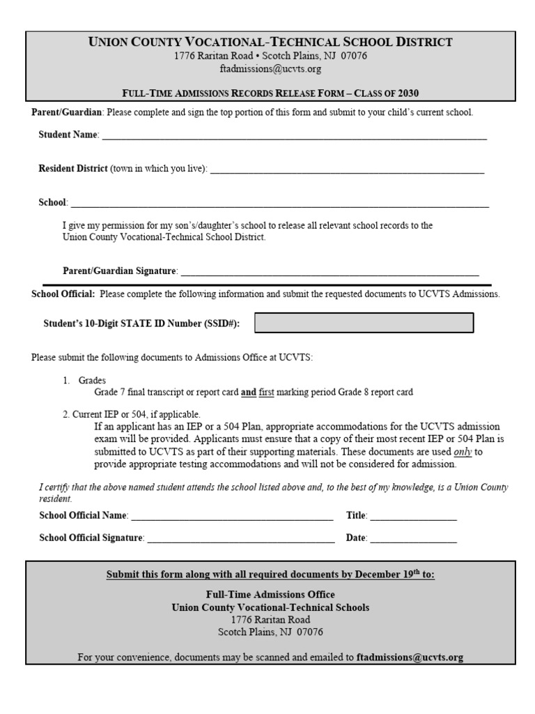 UCVTS Class of 2030 Admissions Form | PDF | Individualized Education ...