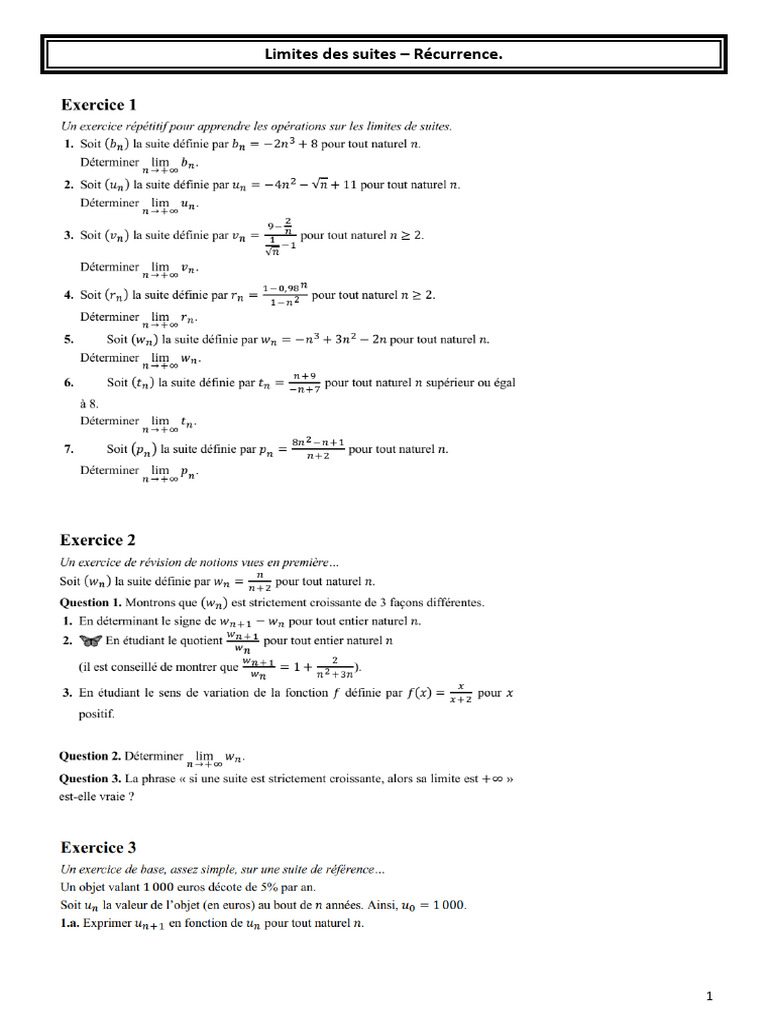 Exercices Limites Des Suites. Recurrence. | PDF