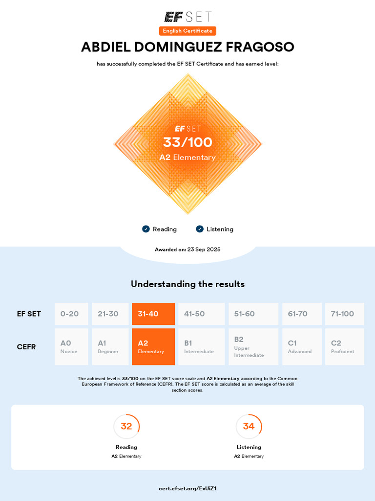 EF SET A2 English Certificate - Abdiel Dominguez | PDF