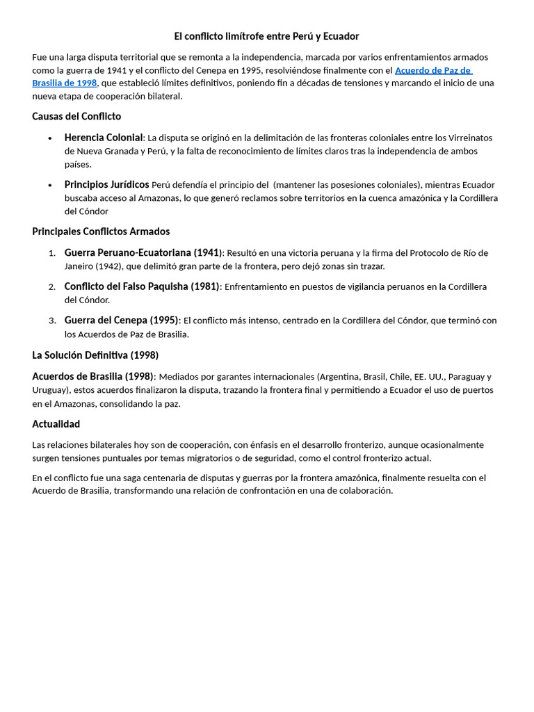 Conflicto limítrofe Perú-Ecuador: historia y paz | PDF