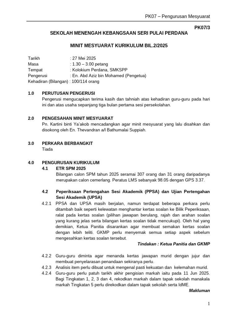 Minut Mesyuarat Kurikulum SMKSPP 2025 | PDF
