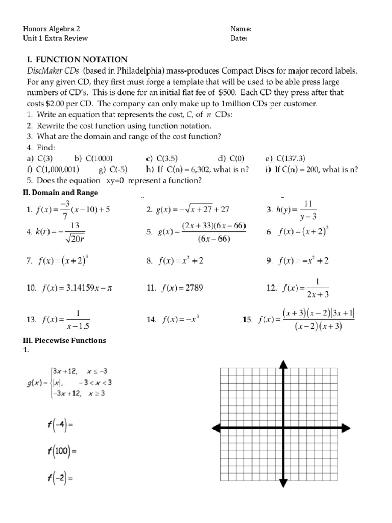 Honors Algebra 2 Unit 1 Review Guide | PDF
