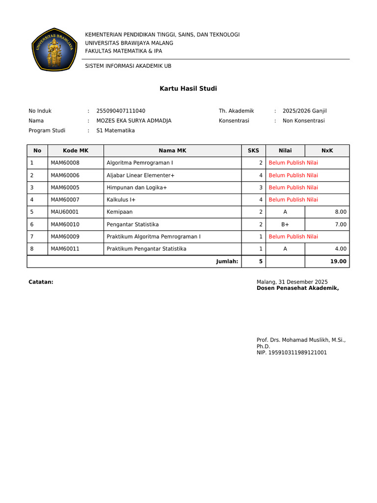 Kartu Hasil Studi S1 Matematika UB | PDF