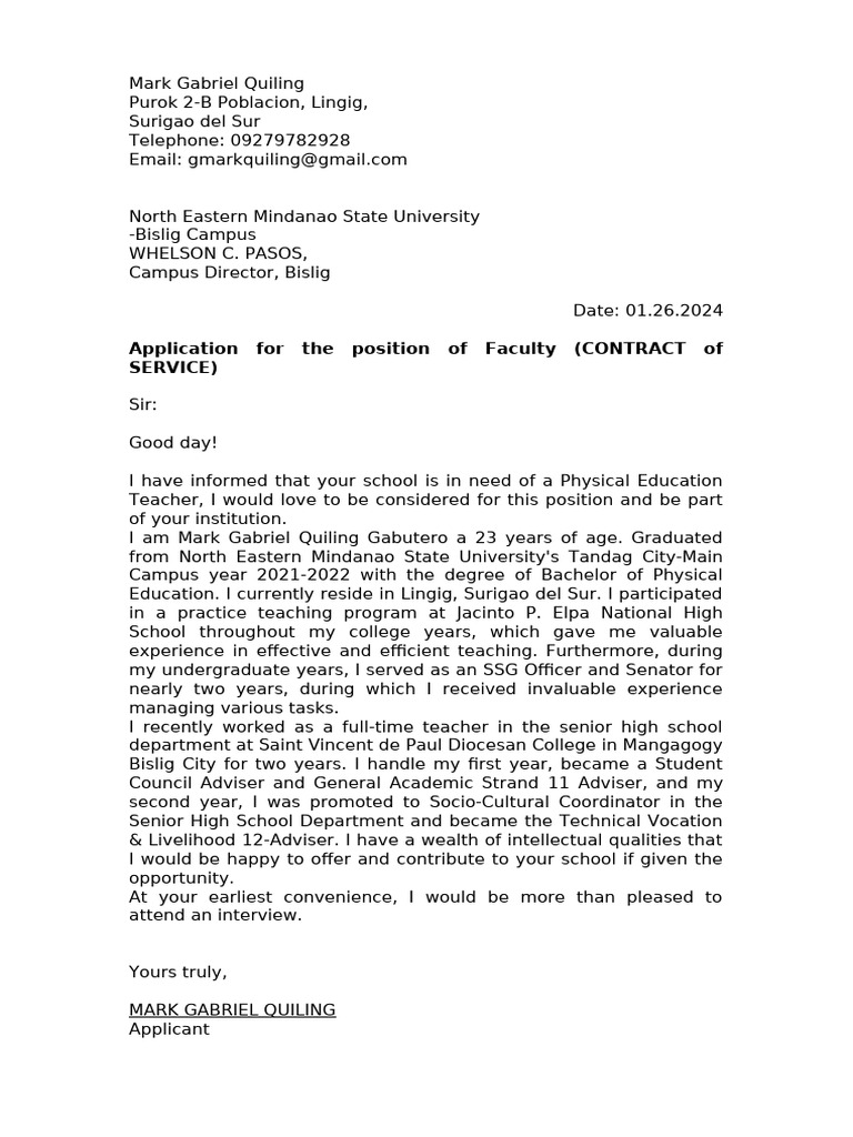 Application for Physical Education Teacher | PDF
