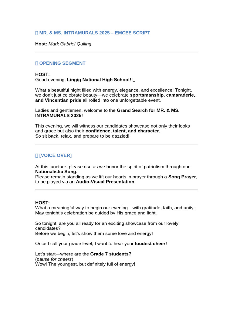 Emcee Script for Mr. & Ms. Intramurals 2025 | PDF