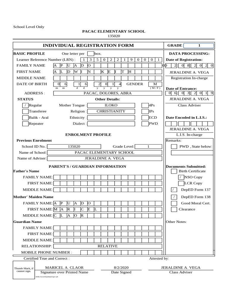 PACAC Elementary School Registration Form | PDF | Birth Certificate