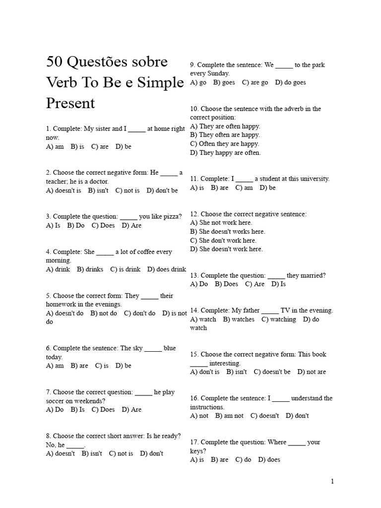 50 Questões Simple Present e Verb To Be | PDF | Grammar | Syntax