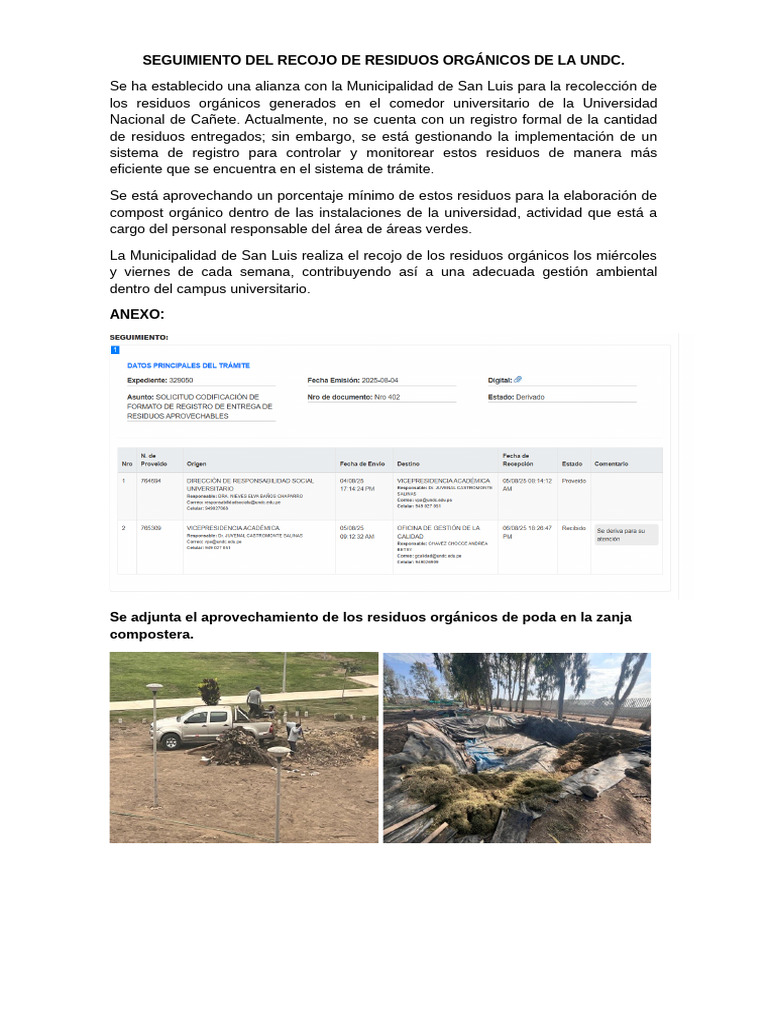 Seguimiento Del Recojo de Residuos Orgánicos de La Undc. | PDF