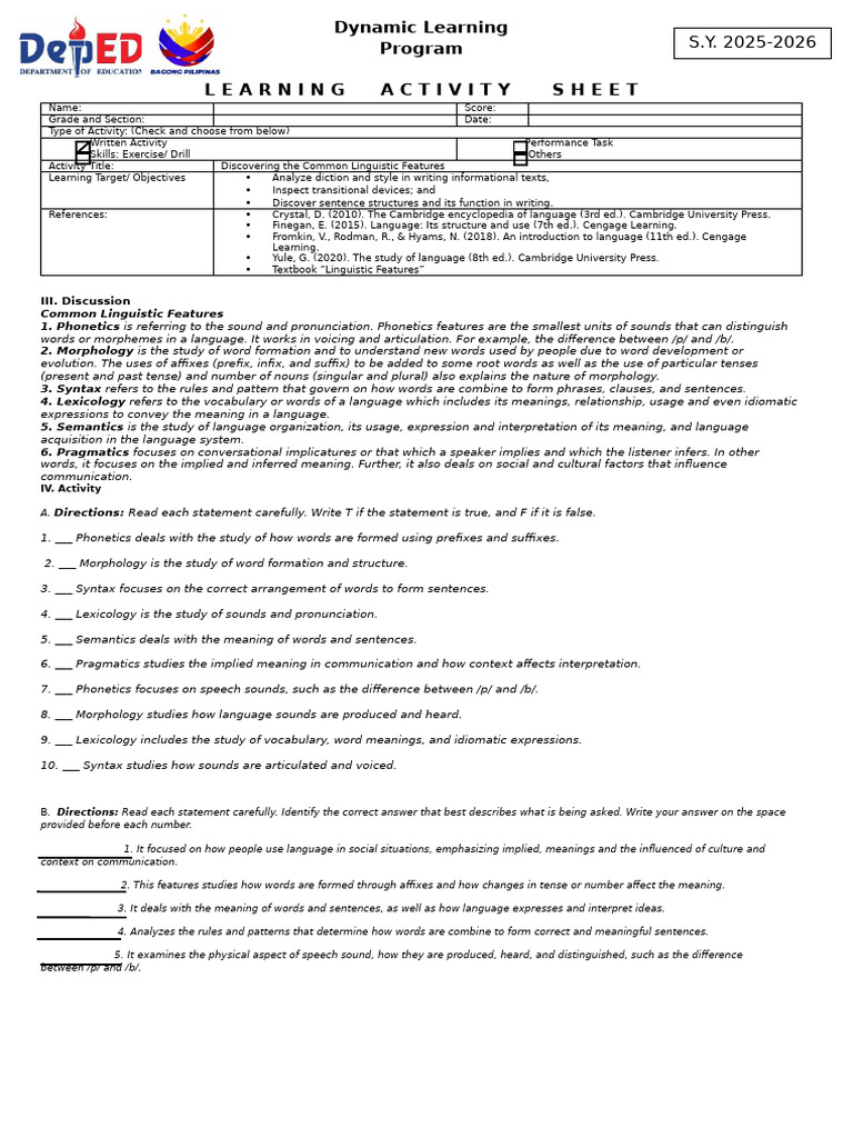 Common Linguistic Features Activity | PDF | Semantics | Word