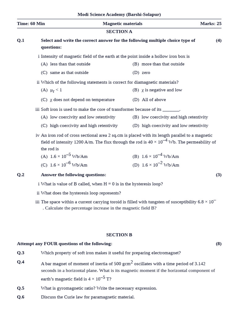Magnetic Materials Exam Questions | PDF | Electromagnetism | Magnetism