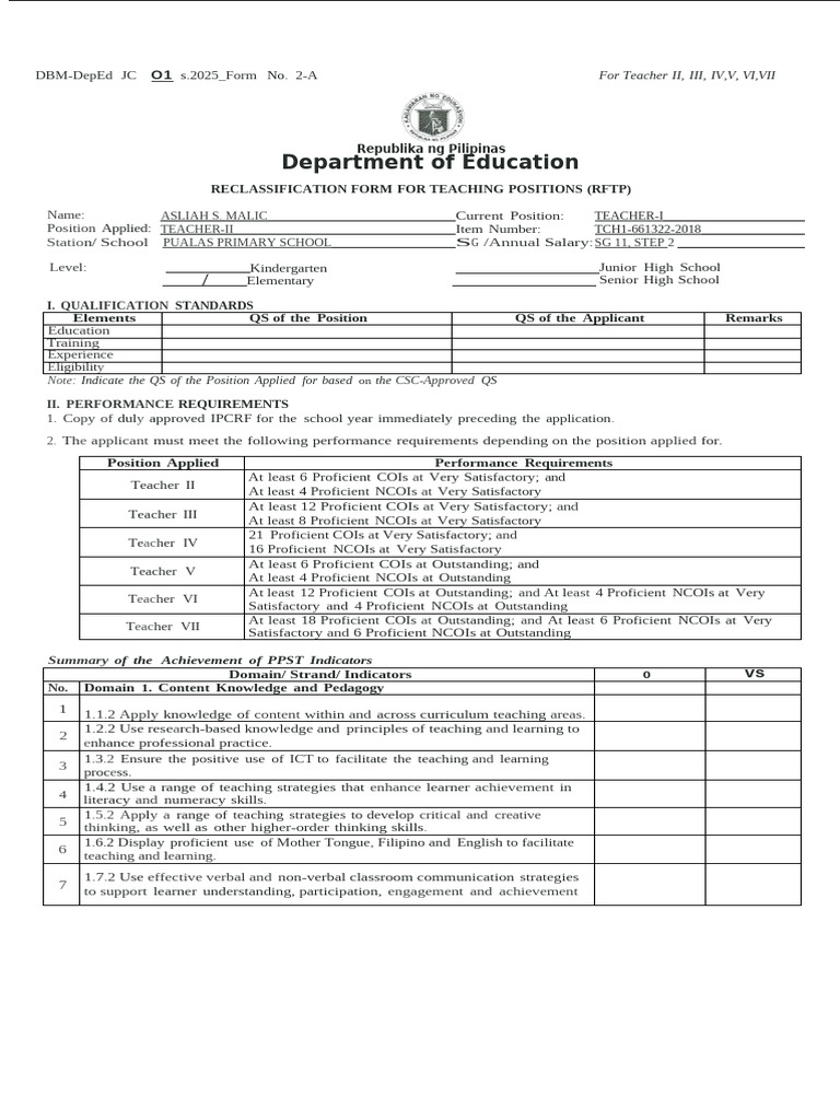 DepEd Teacher Reclassification Form 2025 | PDF | Learning | Educational ...