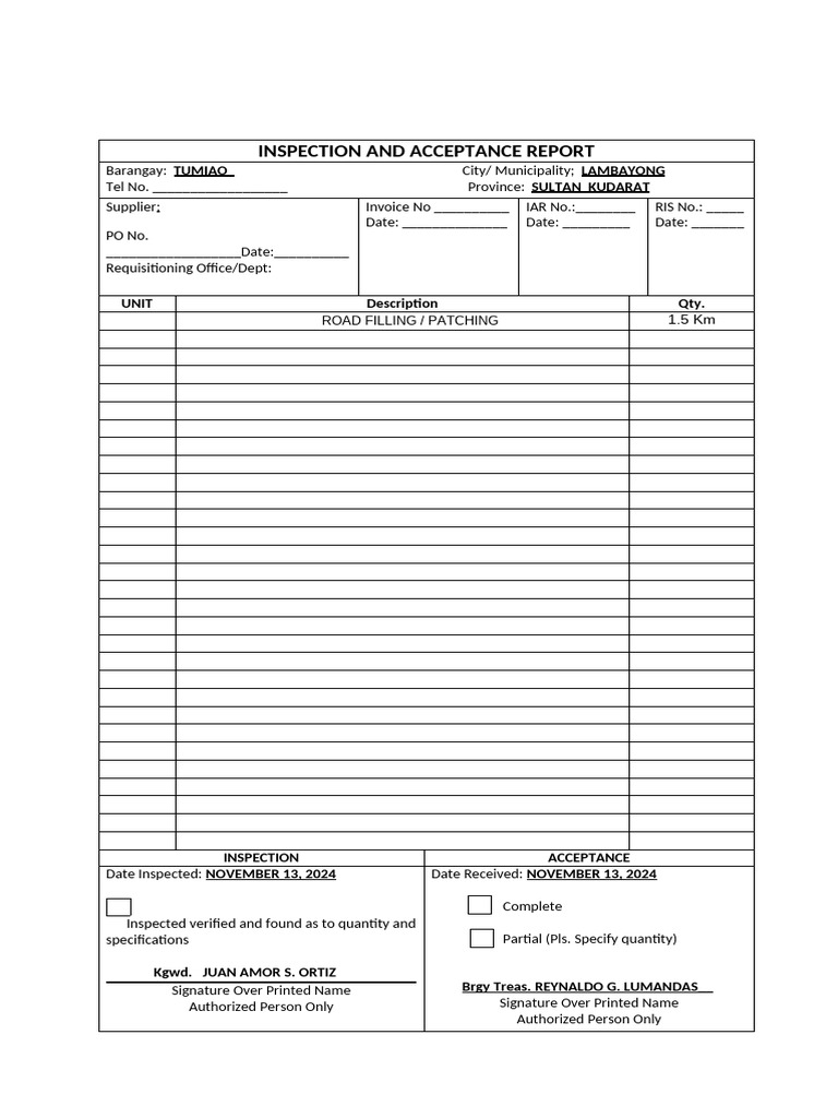 Inspection and Acceptance Report Template | PDF