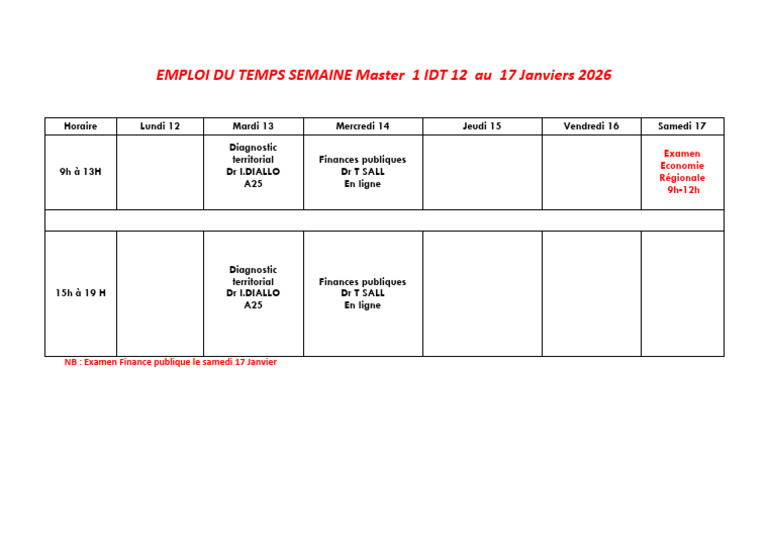 Emploi du temps Master 1 IDT Janv 2026 | PDF