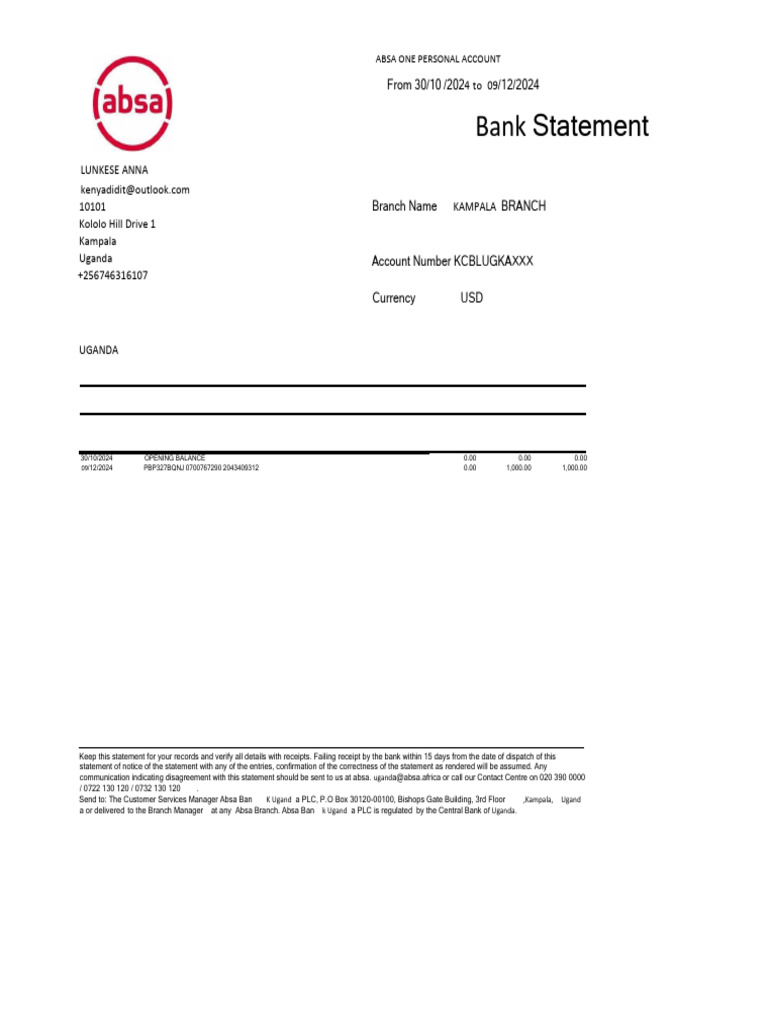Absa Uganda Bank Statement Summary | PDF