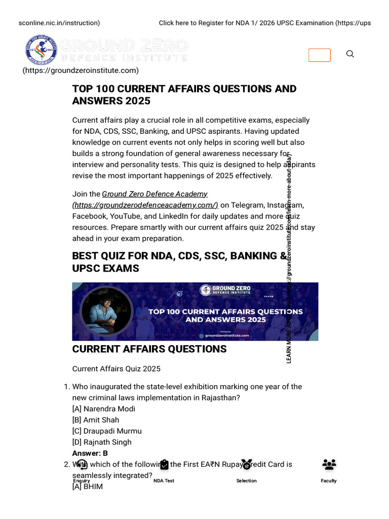 Top 100 Current Affairs Quiz 2025 | PDF