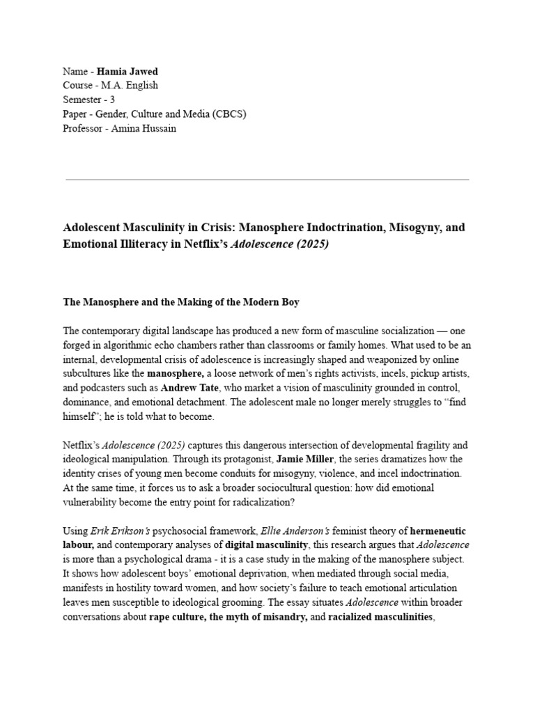 Adolescent Masculinity and the Manosphere | PDF | Misandry | Patriarchy