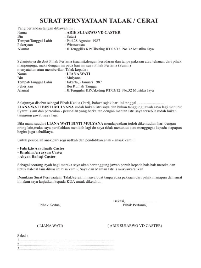 Surat Pernyataan Talak Arie dan Liana | PDF