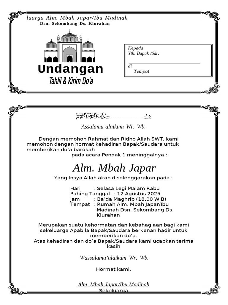 Undangan Do'a untuk Alm. Mbah Japar | PDF