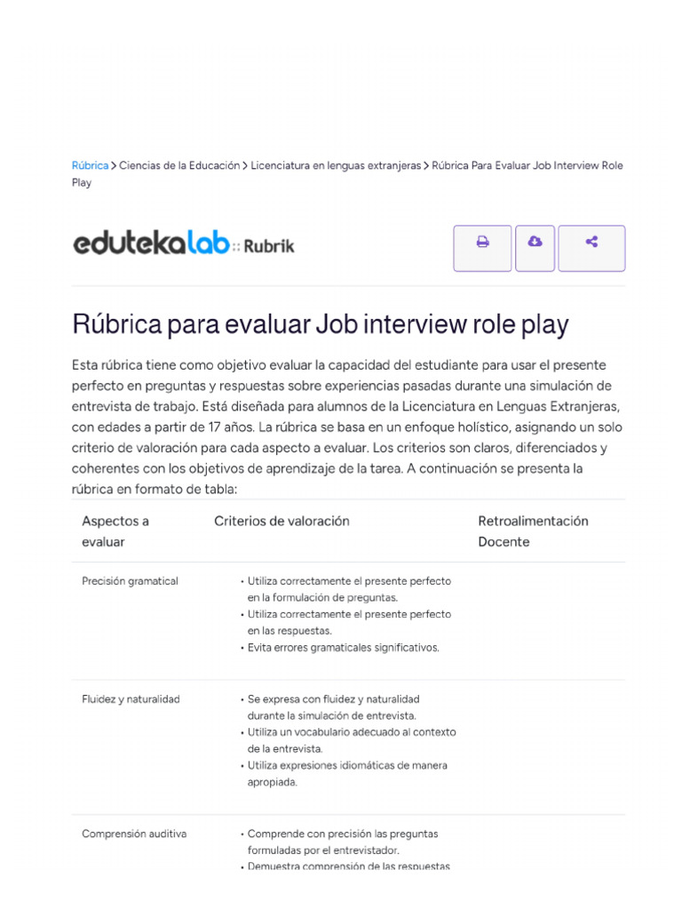 Rúbrica para Evaluar Job Interview Role Play | PDF