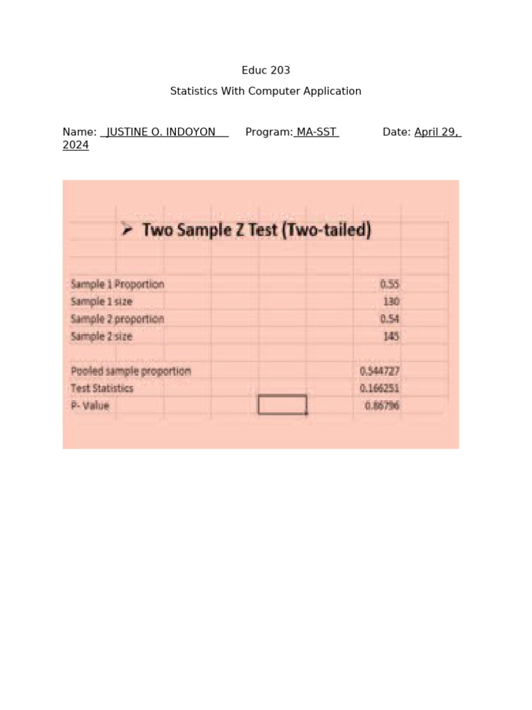 Indoyon Justine 14 20 Two Sample z Test Two Tailed | PDF