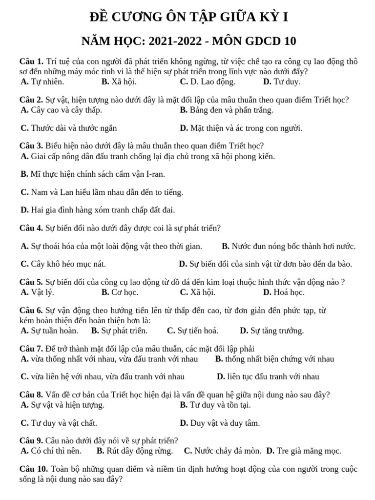 Đề Cương Ôn Tập Giữa Kỳ 1 Gdcd 10 | PDF