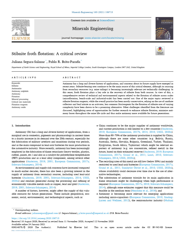 Stibnite Froth Flotation A Critical Review | PDF | Ph | Adsorption