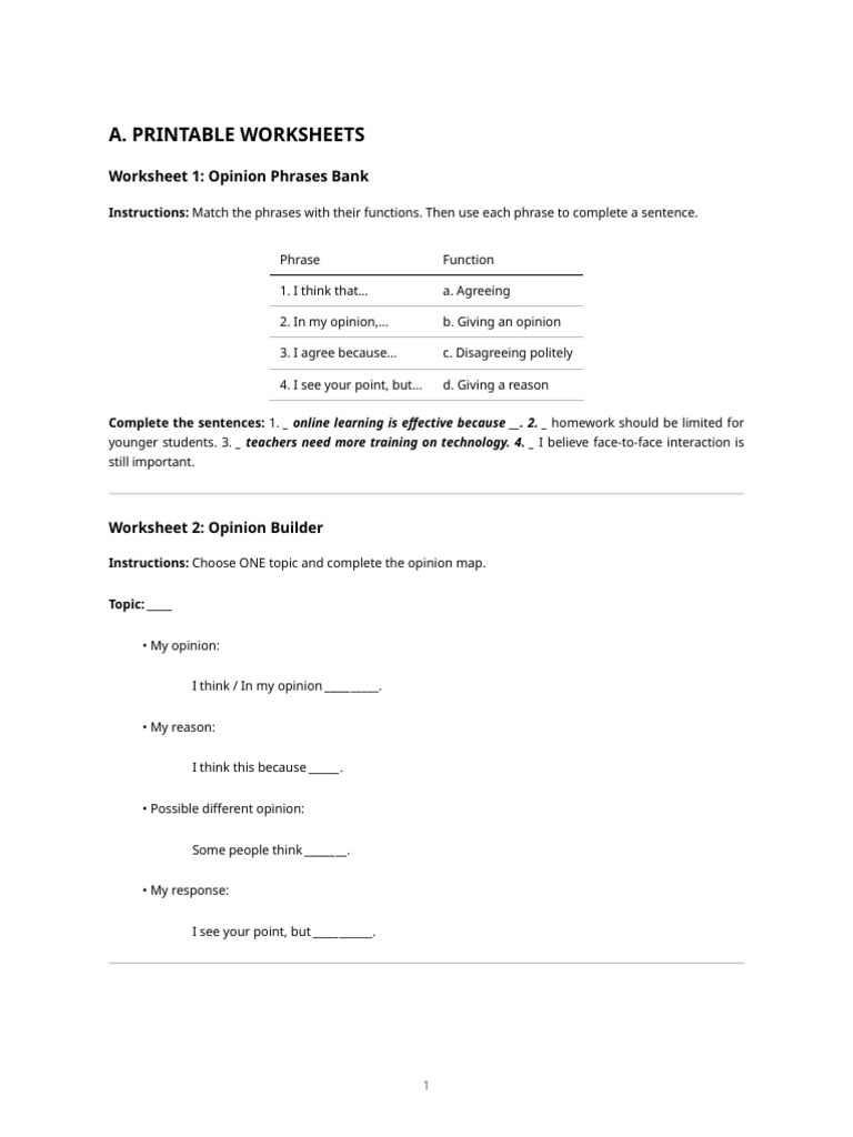 Opinion Expression Worksheets & Activities | PDF | Teachers ...