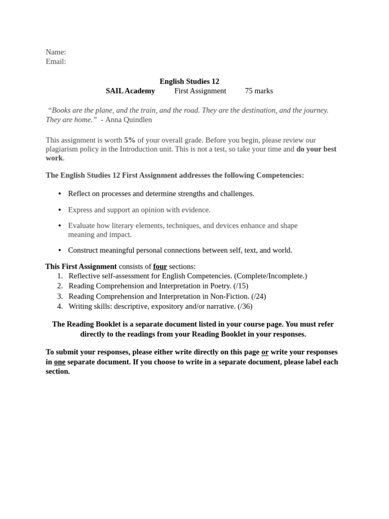 English Studies 12 First Assignment Guide | PDF | Reading Comprehension ...