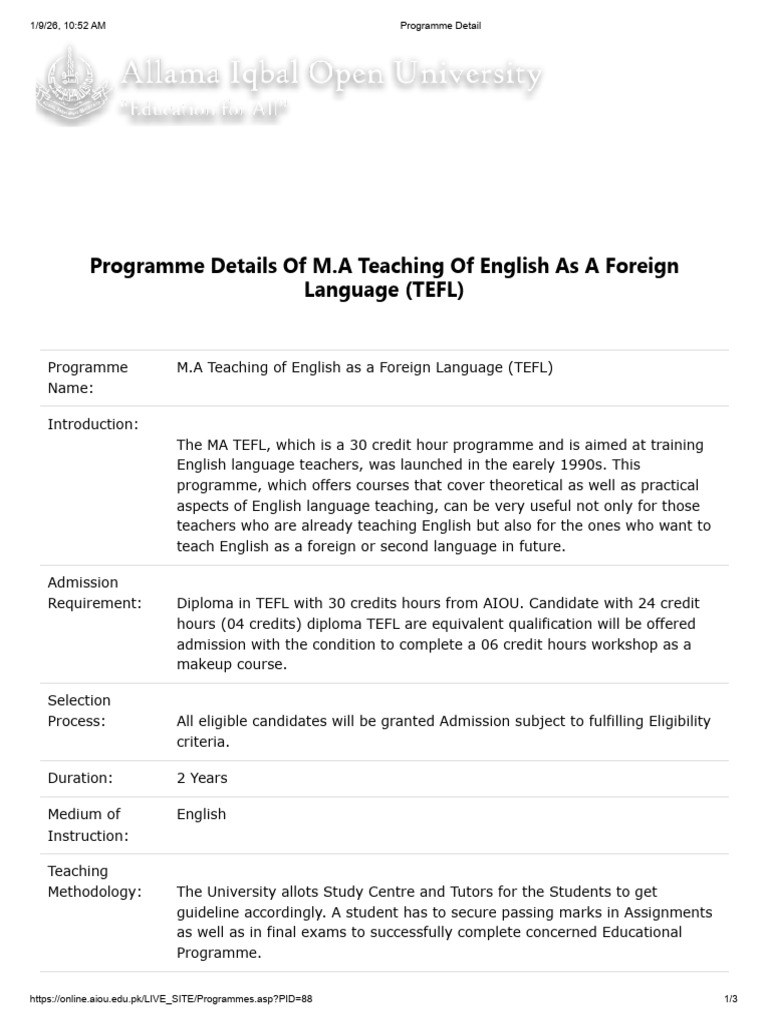 M.A. TEFL Program Overview and Details | PDF | Course Credit | English ...