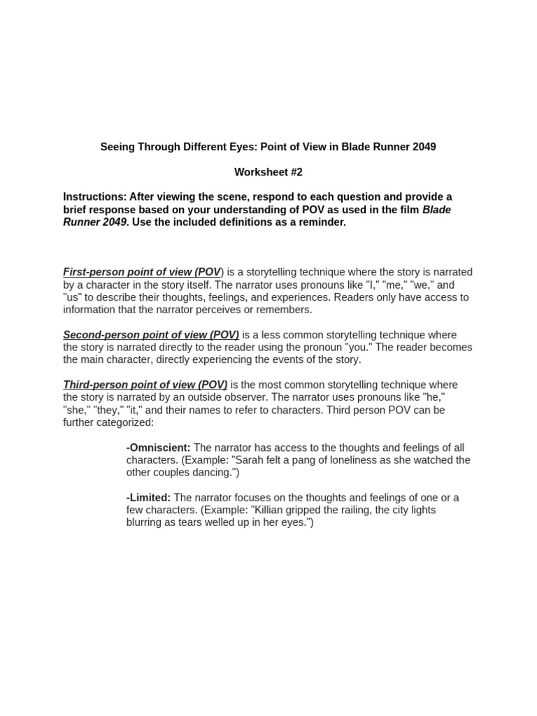 Point of View Worksheet | PDF