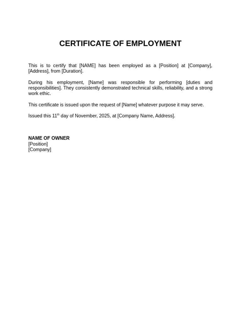 Employment Certificate Template | PDF