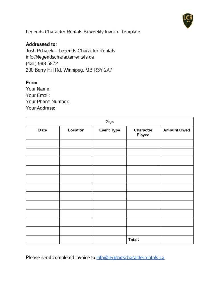 Legends Character Rentals Invoice Template | PDF